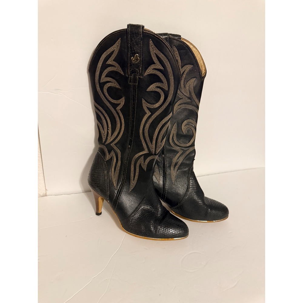 Jeenz Boots Vintage Black Leather Snakeskin Western Stiletto Heel Boots 6.5M USA